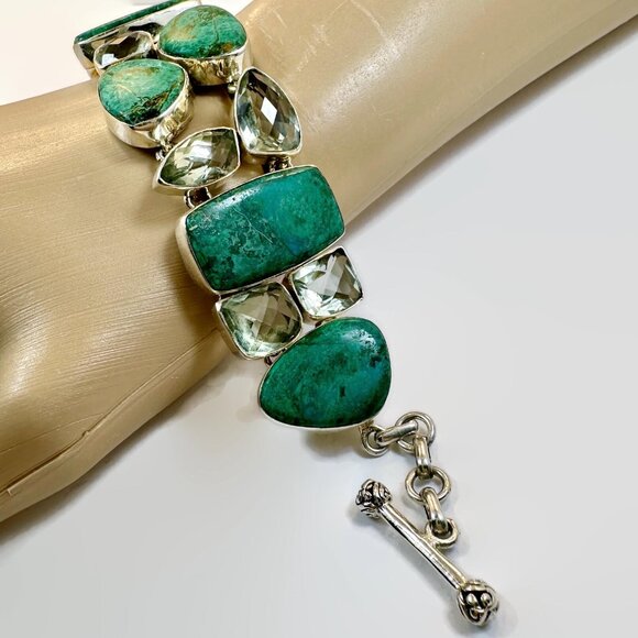 Chrysocolla Bracelet, Prasiolite, Green Amethyst, Sterling Silver, Wide,Vintage - Picture 6 of 6